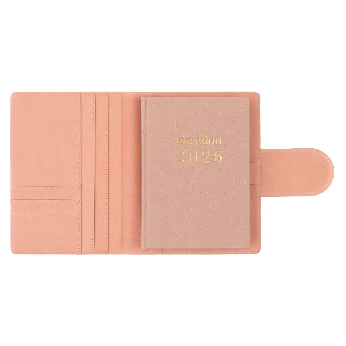Compendium flamingo pink color with Curation 2025 Planner inside